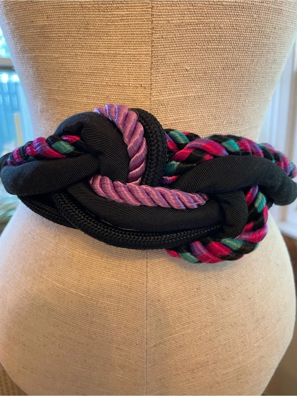 Vintage Black Belt with Pink, Purple & Teal Braided Cord Accents
